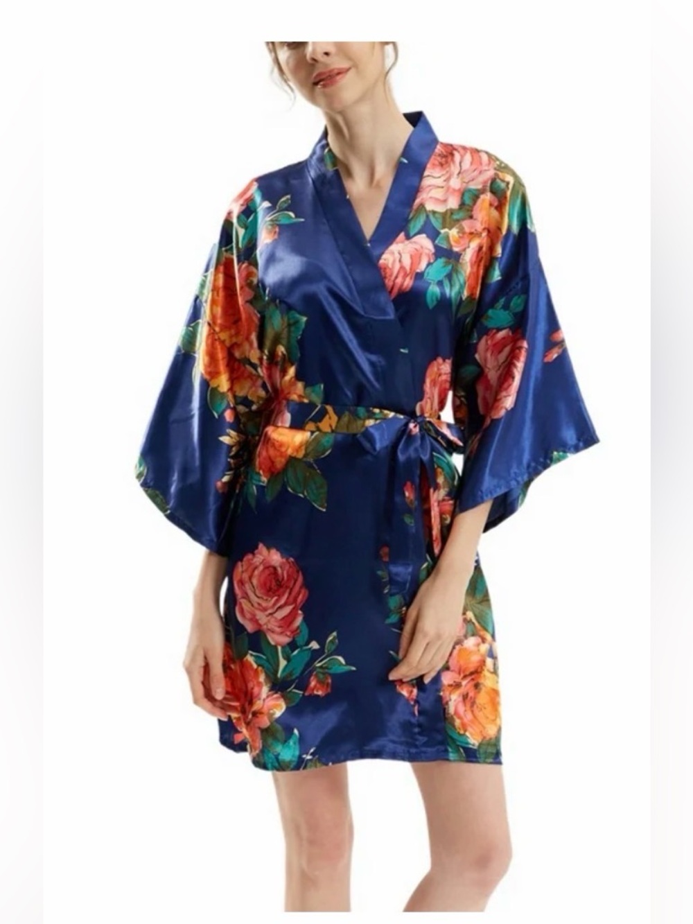 Satin Floral Kimono Robe - Navy with Pink & Orange Flowers - Picture 2 of 3